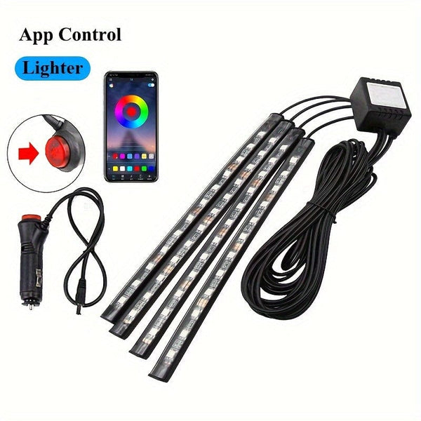 Planet Gates 2.54 Cm 4 APP Control 1 Set Car LED Foot Light Strip 2.54 cm 4 Interior Music Voice Control Light APP Control RGB Decorative Lamp Lighter Adapter Ambient Light Strip