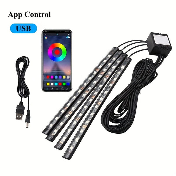 Planet Gates 2.54 Cm 4 APP Control USB 1 Set Car LED Foot Light Strip 2.54 cm 4 Interior Music Voice Control Light APP Control RGB Decorative Lamp Lighter Adapter Ambient Light Strip
