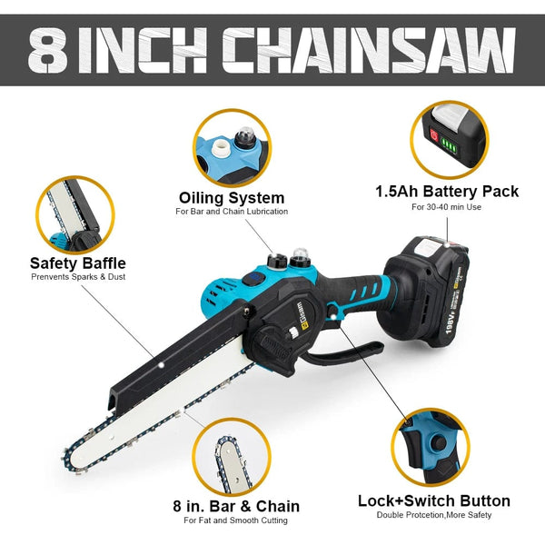 Planet Gates 2 Battery / Mexico 8 Inch Brushless Chain Saw Cordless Electric Saw Woodworking Handheld Pruning Chainsaw Garden Power Tools For Makita 18V Battery