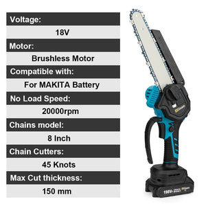 Planet Gates 2 Battery / Mexico 8 Inch Brushless Chain Saw Cordless Electric Saw Woodworking Handheld Pruning Chainsaw Garden Power Tools For Makita 18V Battery