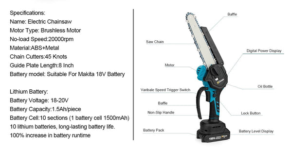 Planet Gates 2 Battery / Mexico 8 Inch Brushless Chain Saw Cordless Electric Saw Woodworking Handheld Pruning Chainsaw Garden Power Tools For Makita 18V Battery