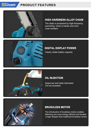 Planet Gates 2 Battery / Mexico 8 Inch Brushless Chain Saw Cordless Electric Saw Woodworking Handheld Pruning Chainsaw Garden Power Tools For Makita 18V Battery