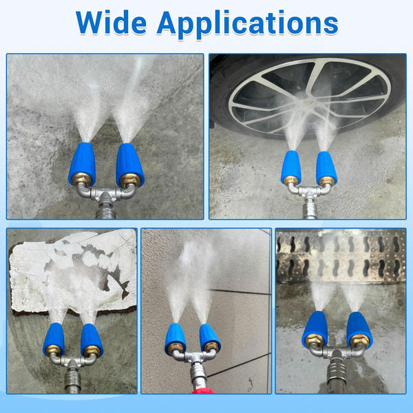 Planet Gates 2*blue Rotating Nozzle 1*stainless Steel Three-way Water Pipe 1 Pack Dual Turbo Nozzle For Pressure Washer, 4000PSI 4-6GPM With 1/4' Quick Connect Power Washer Turbo Nozzle For Gardening Car Cleaning