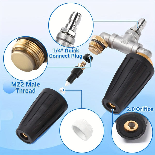 Planet Gates 2*blue Rotating Nozzle 1*stainless Steel Three-way Water Pipe 1 Pack Dual Turbo Nozzle For Pressure Washer, 4000PSI 4-6GPM With 1/4' Quick Connect Power Washer Turbo Nozzle For Gardening Car Cleaning