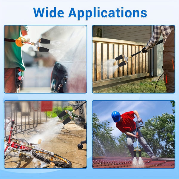 Planet Gates 2*blue Rotating Nozzle 1*stainless Steel Three-way Water Pipe 1 Pack Dual Turbo Nozzle For Pressure Washer, 4000PSI 4-6GPM With 1/4' Quick Connect Power Washer Turbo Nozzle For Gardening Car Cleaning