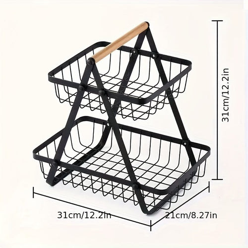 Planet Gates 2 Layers 1pc Drain Basket, 2/3tier Storage Basket Countertop For Bathroom, Fruit Basket, Vegetable Basket, Basket Bowl Removable Wire Basket With Wooden Handle For Bathroom, Home Room Kitchen Storage Supplies