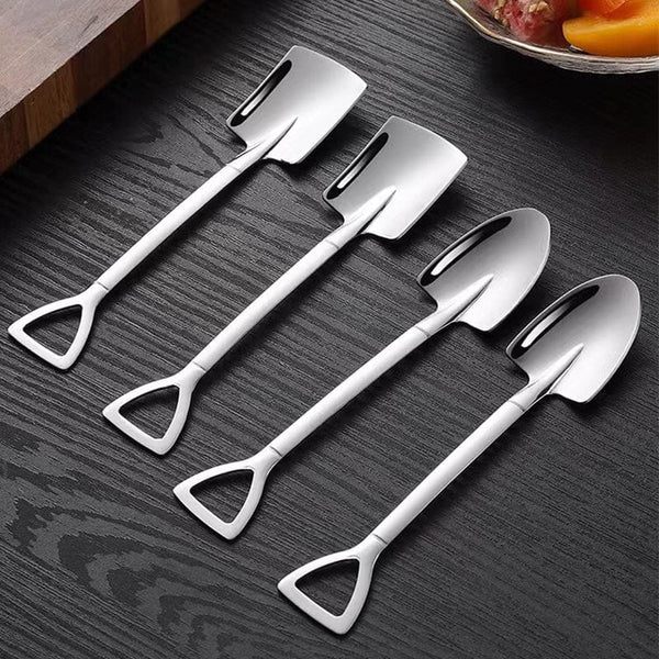 Planet Gates 2 Silvery Pointed Shovel Spoons + 2 Silvery Flat Shovel Spoons 1/4pcs Stainless Steel Spoon, Spade Spoon, Dessert Spoon, Fruit Spoon, Iced Tea Spoon, Coffee Mixing Spoon, Jam Spoon, Ice Cream Spoon, Salad Spoon, Dressing Spoon, Specialty Spoon, Kitchen Utensils, Hotel Utensils