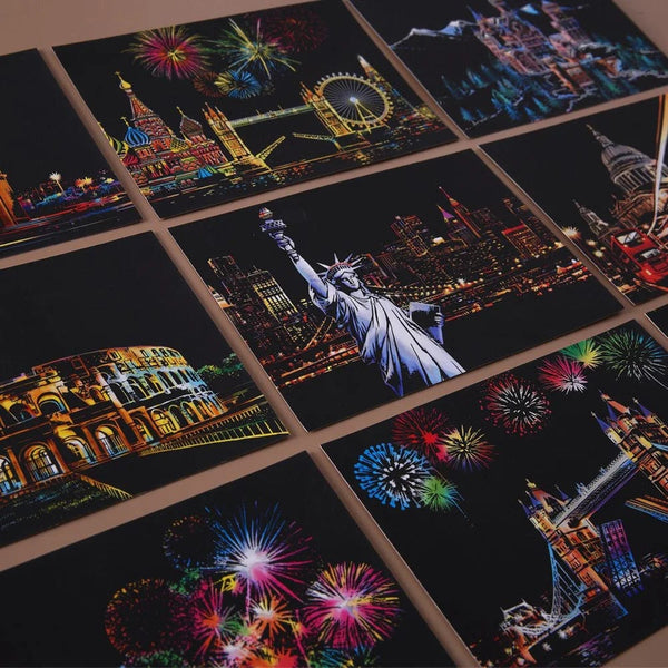 Planet Gates 20*14cm Scratch Rainbow Magic Painting Paper Toy World City Attractions Series For Children DIY Drawing Adult Decompression Gift