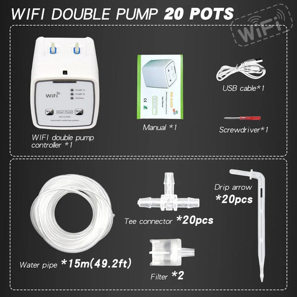 Planet Gates 20 Pots kit Double Pump Garden Wifi Control Watering Device Automatic Water Drip Irrigation Watering System Kit WIFI Mobile APP Control