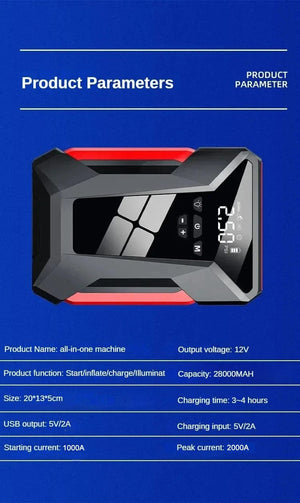 Planet Gates 2000A Car Jump Starter Air Pump Multi-Function4In1  Air Compressor Power Bank Car Battery Starter Starting Auto Tyre Inflator