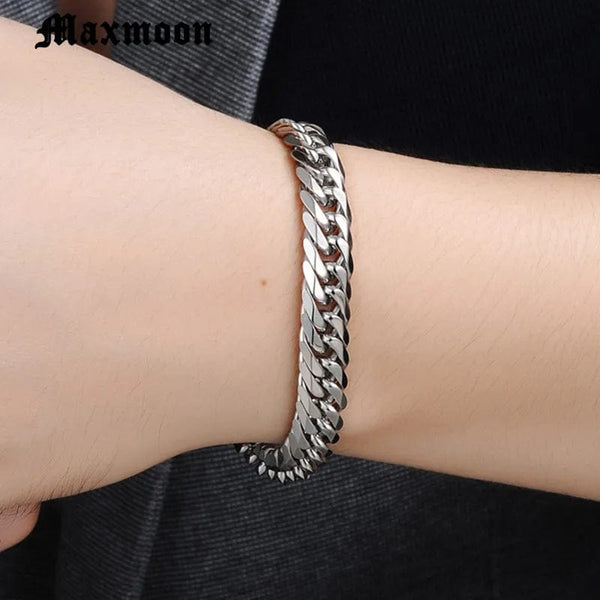Planet Gates 200mm / 6mm Width Maxmoon Miami Cuban Stainless Steel Chain Bracelets Men 7mm Flat Curb Bracelet Hip Hop Rock Sports Jewelry Customize Wholesale