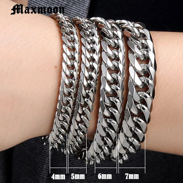 Planet Gates 200mm / 6mm Width Maxmoon Miami Cuban Stainless Steel Chain Bracelets Men 7mm Flat Curb Bracelet Hip Hop Rock Sports Jewelry Customize Wholesale