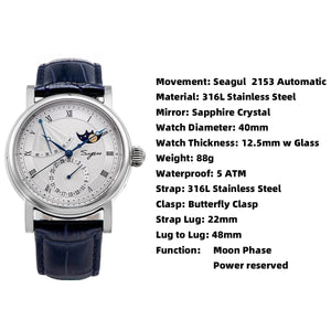 Planet Gates 2023 Sugess Watch of Men Automatic Mechanical Moon-Phase Wristwatches Power Reserved  Sapphire WaterResistant Tianjin Movement
