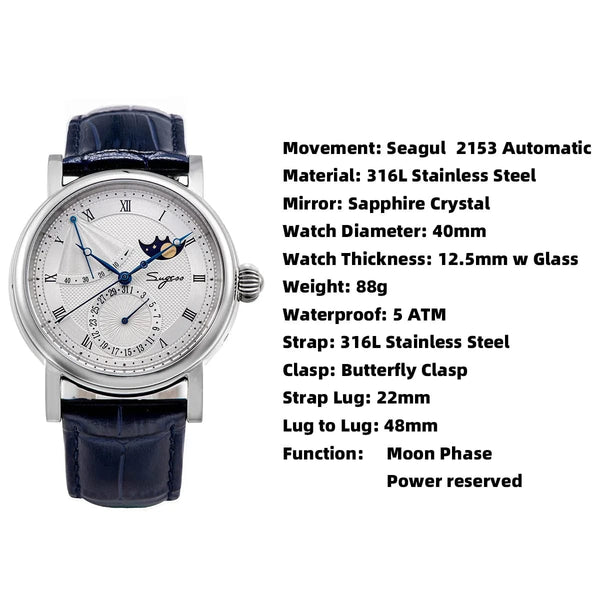 Planet Gates 2023 Sugess Watch of Men Automatic Mechanical Moon-Phase Wristwatches Power Reserved  Sapphire WaterResistant Tianjin Movement