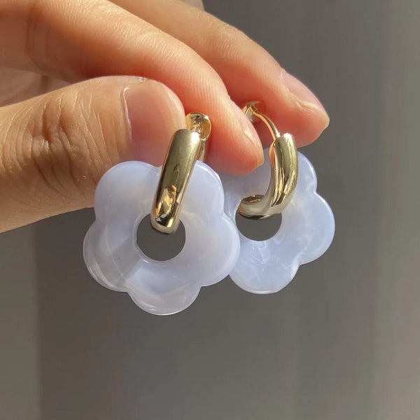 Planet Gates 2024 New Colorful Flower Resin Acrylic Charms Earring Gold Color Circle Ear Buckle Hoop Earrings for Women Cute Gift Jewelry