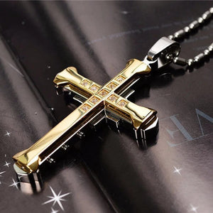 Planet Gates 2024 New Male Crystal Cross Jesus Pendant Gold/Black/Blue Color Zirconia   Necklace Stainless Steel Jewelry