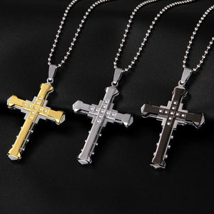 Planet Gates 2024 New Male Crystal Cross Jesus Pendant Gold/Black/Blue Color Zirconia   Necklace Stainless Steel Jewelry