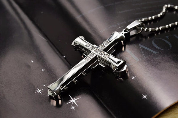 Planet Gates 2024 New Male Crystal Cross Jesus Pendant Gold/Black/Blue Color Zirconia   Necklace Stainless Steel Jewelry