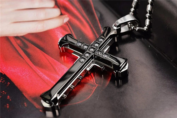 Planet Gates 2024 New Male Crystal Cross Jesus Pendant Gold/Black/Blue Color Zirconia   Necklace Stainless Steel Jewelry