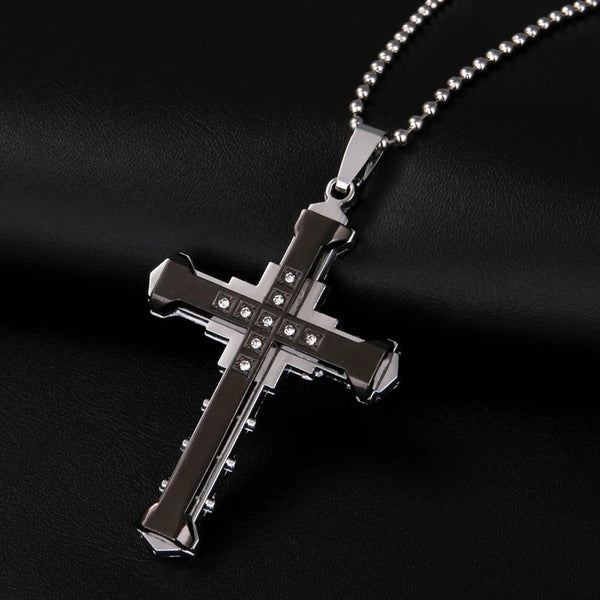 Planet Gates 2024 New Male Crystal Cross Jesus Pendant Gold/Black/Blue Color Zirconia   Necklace Stainless Steel Jewelry