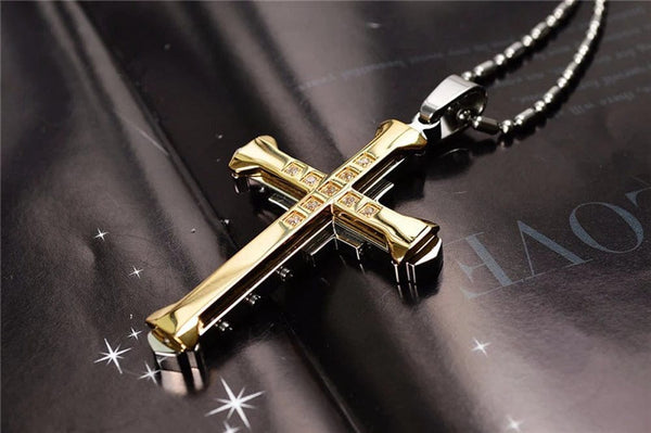 Planet Gates 2024 New Male Crystal Cross Jesus Pendant Gold/Black/Blue Color Zirconia   Necklace Stainless Steel Jewelry