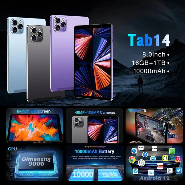 Planet Gates 2025 Pad Tab 14 8 inch Android 12 16GB Ram 1TB Rom Dual SIM 10 Core Dimensity 9000 WPS GPS Bluetooth 10000mAh Original Tablet