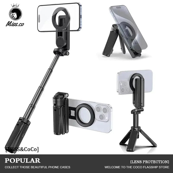 Planet Gates 2026 Magnetic Selfie Stick Phone Tripod w Remote Extend Cell Phone Tripod Stand For MagSafe iPhone 16 15 14 13 12 XIAOMI SAMSUNG