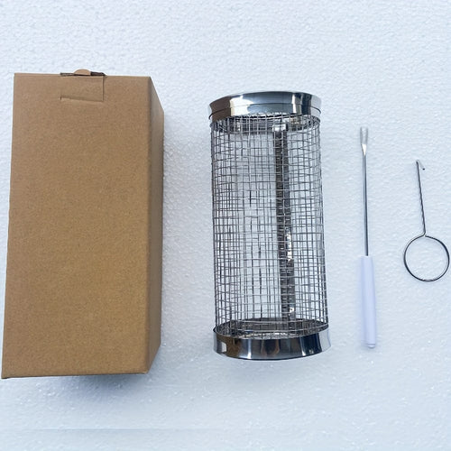 Planet Gates 20cm/7.87in / Hook + Plastic Handle Fork + Box 3pcs/set, BBQ Rolling Grill Basket, Stainless Steel Grilled Cage, Round Stainless Steel BBQ Grill Mesh For Vegetable Fries Fish, BBQ Vegetable Slices Basket For Outdoor Picnic Camping, Grill Accessories, BBQ Accessaries