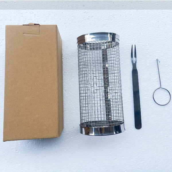 Planet Gates 20cm/7.87in / Hook + Stainless Steel Fork + Box 3pcs/set, BBQ Rolling Grill Basket, Stainless Steel Grilled Cage, Round Stainless Steel BBQ Grill Mesh For Vegetable Fries Fish, BBQ Vegetable Slices Basket For Outdoor Picnic Camping, Grill Accessories, BBQ Accessaries