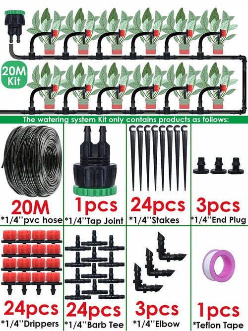 Planet Gates 20Meters-24Drippers KESLA Garden Drip Irrigation Automatic Watering System Kit 1/4'' Nozzles for Bonsai Pot Plant Lawn Flower Vegetable Greenhouse