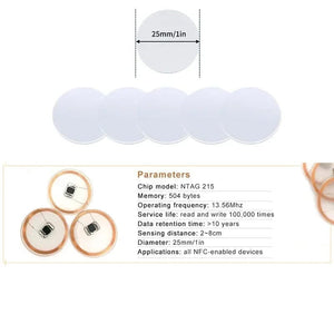 Planet Gates 20pcs 50pcs 13.56MHz Ntag215 NFC Coins Adhesive Cards Badge Backing 504 Bytes ISO/IEC 14443 A 25mm Waterproof PVC Ntag 215 Tag