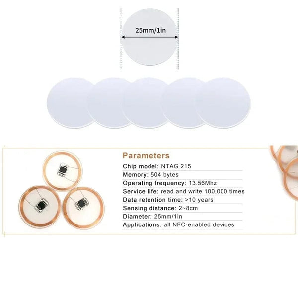 Planet Gates 20pcs 50pcs 13.56MHz Ntag215 NFC Coins Adhesive Cards Badge Backing 504 Bytes ISO/IEC 14443 A 25mm Waterproof PVC Ntag 215 Tag