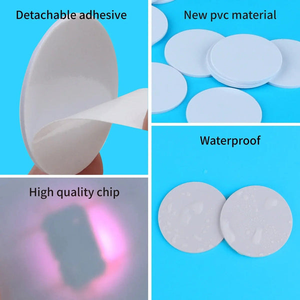 Planet Gates 20pcs 50pcs 13.56MHz Ntag215 NFC Coins Adhesive Cards Badge Backing 504 Bytes ISO/IEC 14443 A 25mm Waterproof PVC Ntag 215 Tag