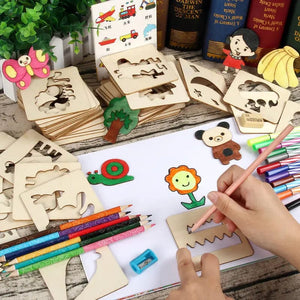 Planet Gates 20pcs Montessori Kids Drawing Toys Wooden DIY Painting Template Stencils Learning Educational Toys for Children Wooden Toy Gift