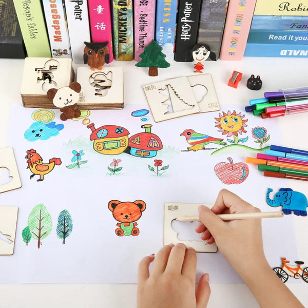 Planet Gates 20pcs Montessori Kids Drawing Toys Wooden DIY Painting Template Stencils Learning Educational Toys for Children Wooden Toy Gift