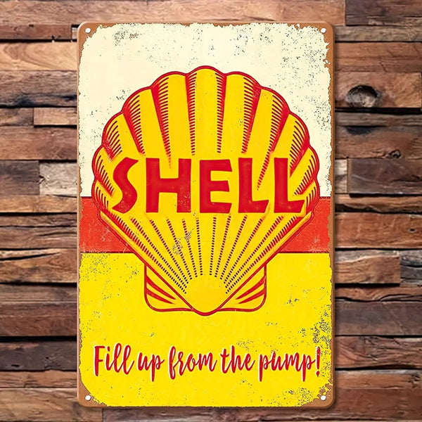Planet Gates 20x30cm/8x12in Shell Metal Tin Sign, Retro Garage Signs For Men Wall Decorations Old Car Shop Posters Oil And Gas Station Sign Man Cave Decor, 20.32×30.48 Cm