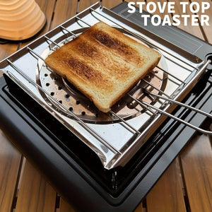 Planet Gates 21.49cm X 19.99cm 1pc Stainless Steel Stove Top Toaster With Foldable Handle, Bread Toaster For Camping Stove And Kitchen Stove, Camping Cookware, Kitchen Stove Top Toaster, Water And Coffee Warming Rack For Camping Stove.