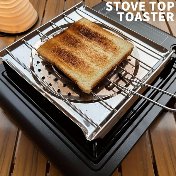 Planet Gates 21.49cm X 19.99cm 1pc Stainless Steel Stove Top Toaster With Foldable Handle, Bread Toaster For Camping Stove And Kitchen Stove, Camping Cookware, Kitchen Stove Top Toaster, Water And Coffee Warming Rack For Camping Stove.