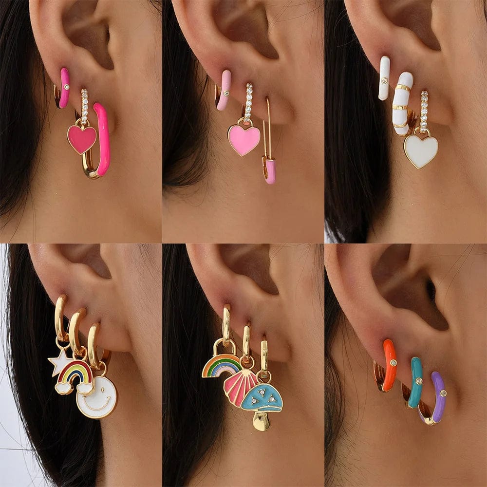Planet Gates 217711 Boho Multicolor Round Piercing Huggie Earrings Set for Women Girls Cute Heart Star  Pendant Hoop Earring Jewelry