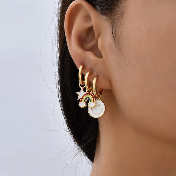 Planet Gates 217711 Boho Multicolor Round Piercing Huggie Earrings Set for Women Girls Cute Heart Star  Pendant Hoop Earring Jewelry