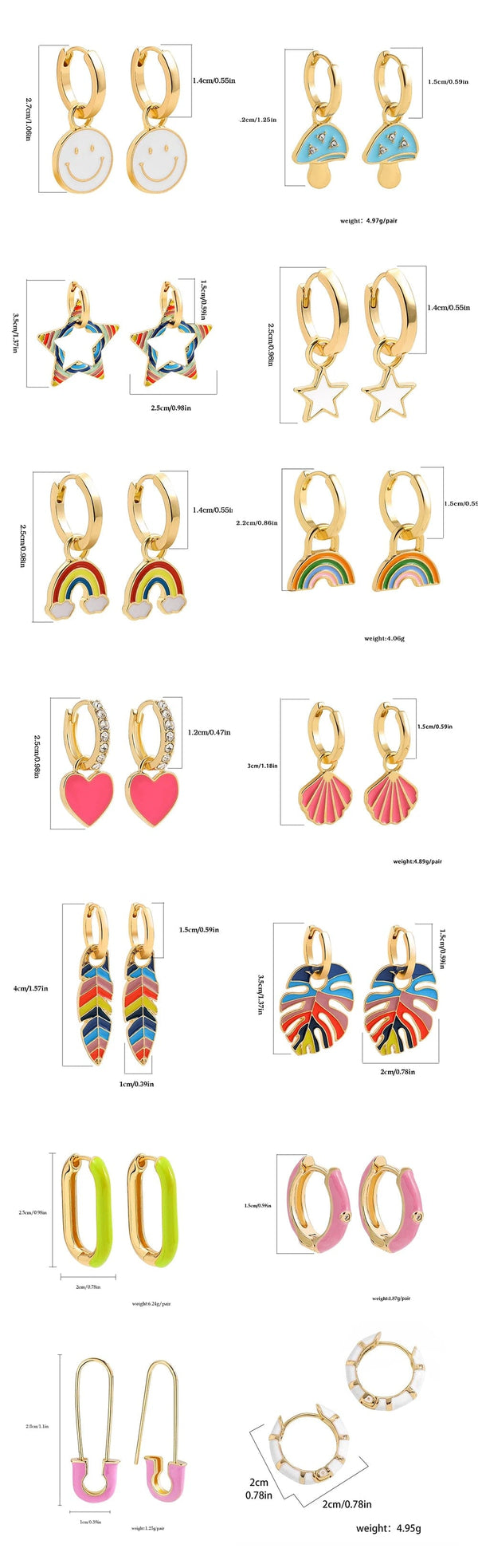 Planet Gates 217711 Boho Multicolor Round Piercing Huggie Earrings Set for Women Girls Cute Heart Star  Pendant Hoop Earring Jewelry