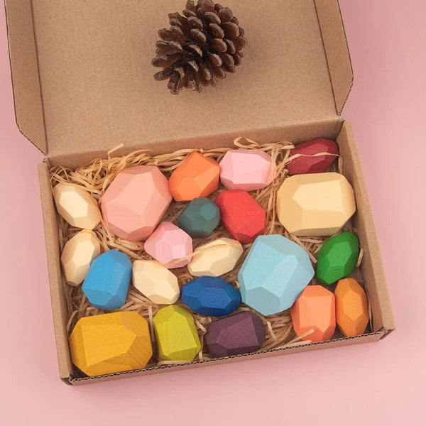 Planet Gates 21pcs A Wooden Sorting Stacking Rocks Stones Sensory Toddler Toys Learning Montessori Toys Building Blocks Game for Kids Birthday Gifts