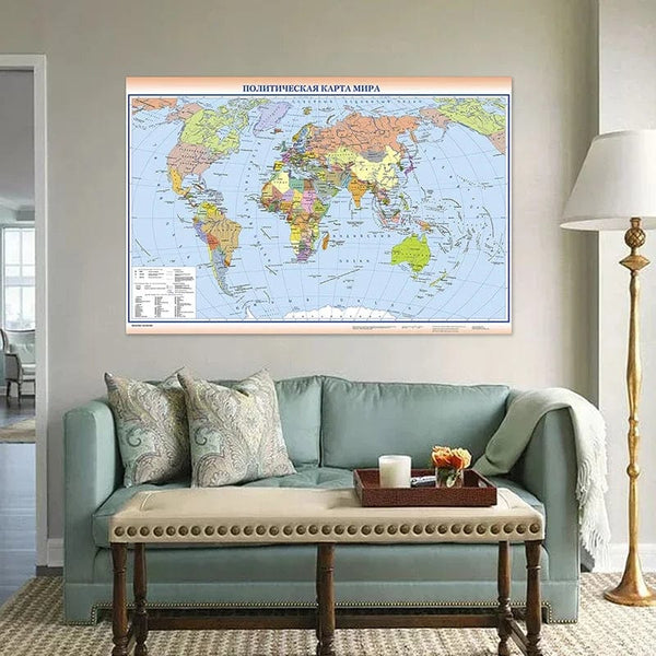 Planet Gates 225*150cm The World Political Map in Russian Foldable Canvas Painting Non-woven Wall Art Poster School Education Supplies