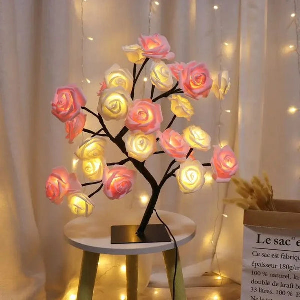 Planet Gates 24 LED Rose Tree Lights USB Plug Table Lamp Fairy Flower Night Light For Home Party Christmas Wedding Bedroom Decoration Gift