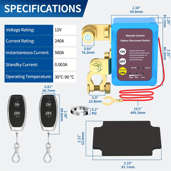 Planet Gates 240A Blue Color 12V 240A Remote Battery Disconnect Start Inhibitor Automatic Power Shut Off Switch Remote Control Switch With 2 Keys For Car Truck Boat