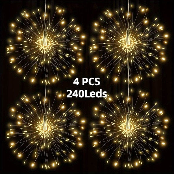 Planet Gates 240LEDS 4 Pack, Suspended Solar Fireworks Light, 240/360/480 Leds Star Burst Light, Outdoor Waterproof, 8-Mode With Remote Control, Fairy Light, Eaves Garden Tree Christmas Decorative Light (Warm White)