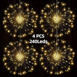 Planet Gates 240LEDS 4 Pack, Suspended Solar Fireworks Light, 240/360/480 Leds Star Burst Light, Outdoor Waterproof, 8-Mode With Remote Control, Fairy Light, Eaves Garden Tree Christmas Decorative Light (Warm White)