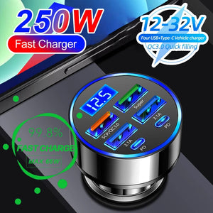 Planet Gates 250W PD Car Charger QC3.0 Fast Charge One to Six Car Cigarette Lighter Plug 5 Port Car Charger Flash Charge with Digital Display