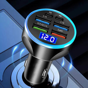Planet Gates 250W PD Car Charger QC3.0 Fast Charge One to Six Car Cigarette Lighter Plug 5 Port Car Charger Flash Charge with Digital Display