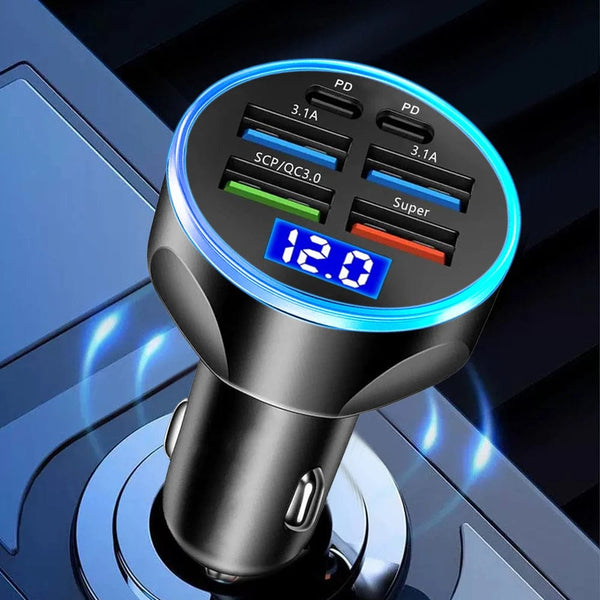 Planet Gates 250W PD Car Charger QC3.0 Fast Charge One to Six Car Cigarette Lighter Plug 5 Port Car Charger Flash Charge with Digital Display